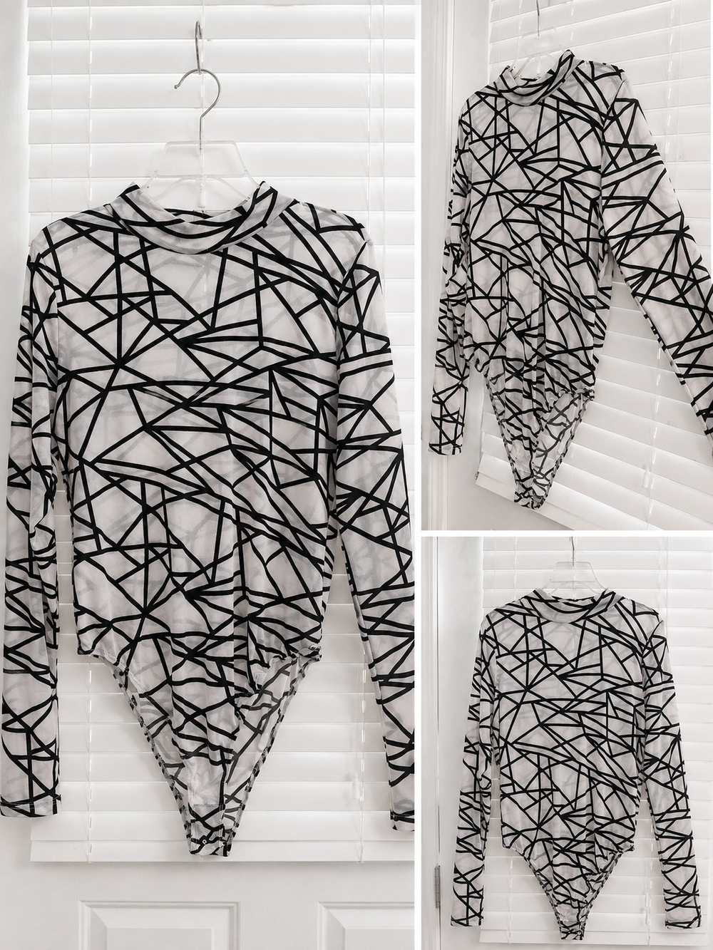 Fashion Nova Black & White Geometric Mesh Long-Sleeve Bodysuit